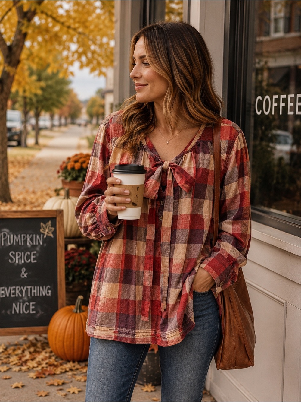 We The Free Plaid Oversized Tunic Top M Bow Tie Neck Fall Boho Cotton